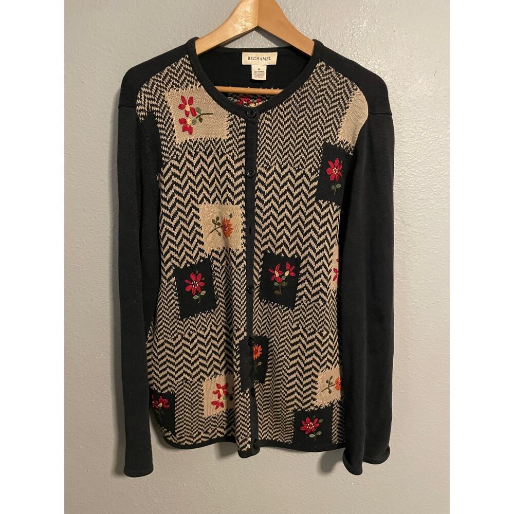 Vintage Bechamel Cardigan Women XL Black Floral Embroidered Cottgaecore 90s FLAW